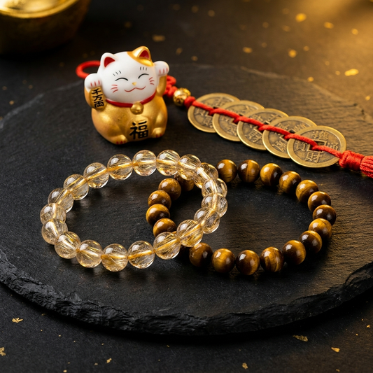 金運極みセット（ルチルクォーツ＋タイガーアイ＋五帝銭＋招き猫）